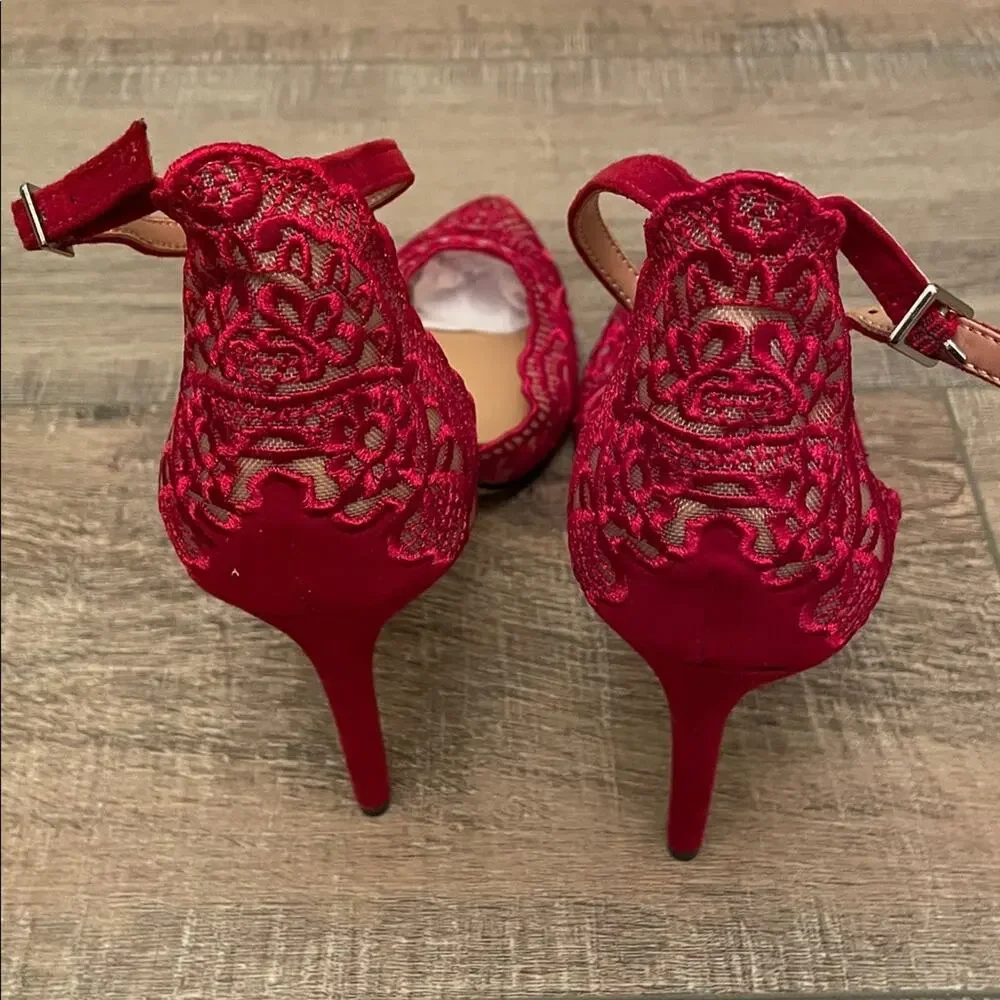 INC International Concepts Women's Red Lace Ankle Strap Heels - Picture 4 of 5